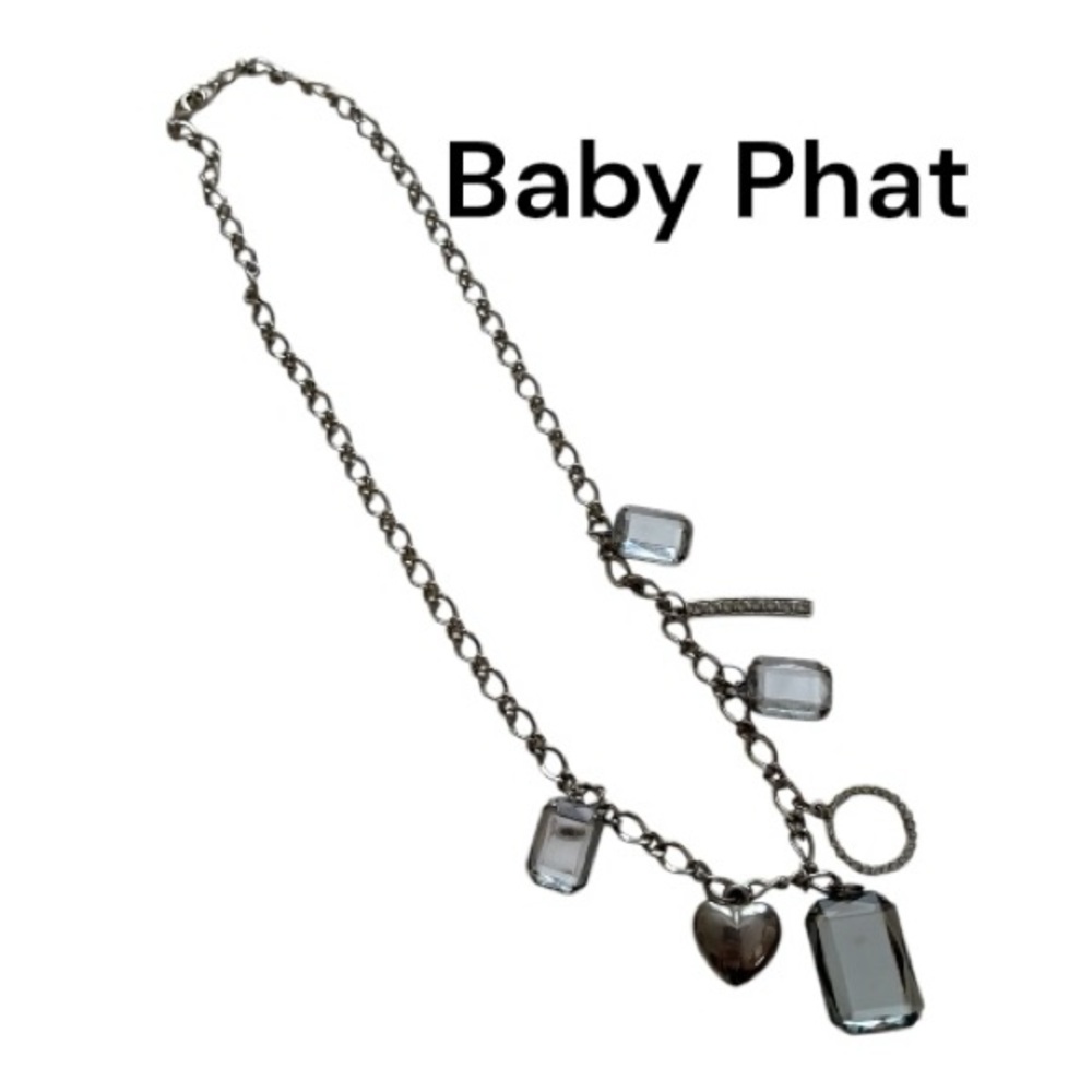 Baby Phat Silver Charm Necklace with Heart and Rectangles